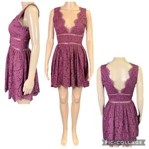 TOBI Womens Dress Lace Cutout Plunge Fit and Flare Purple Scalloped Bodice XS